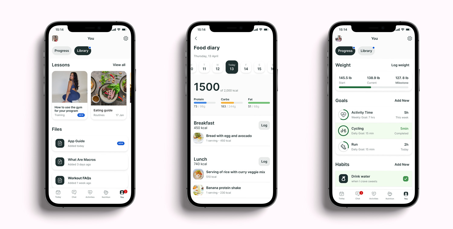 A mockup of the coaching app showcasing the different features.